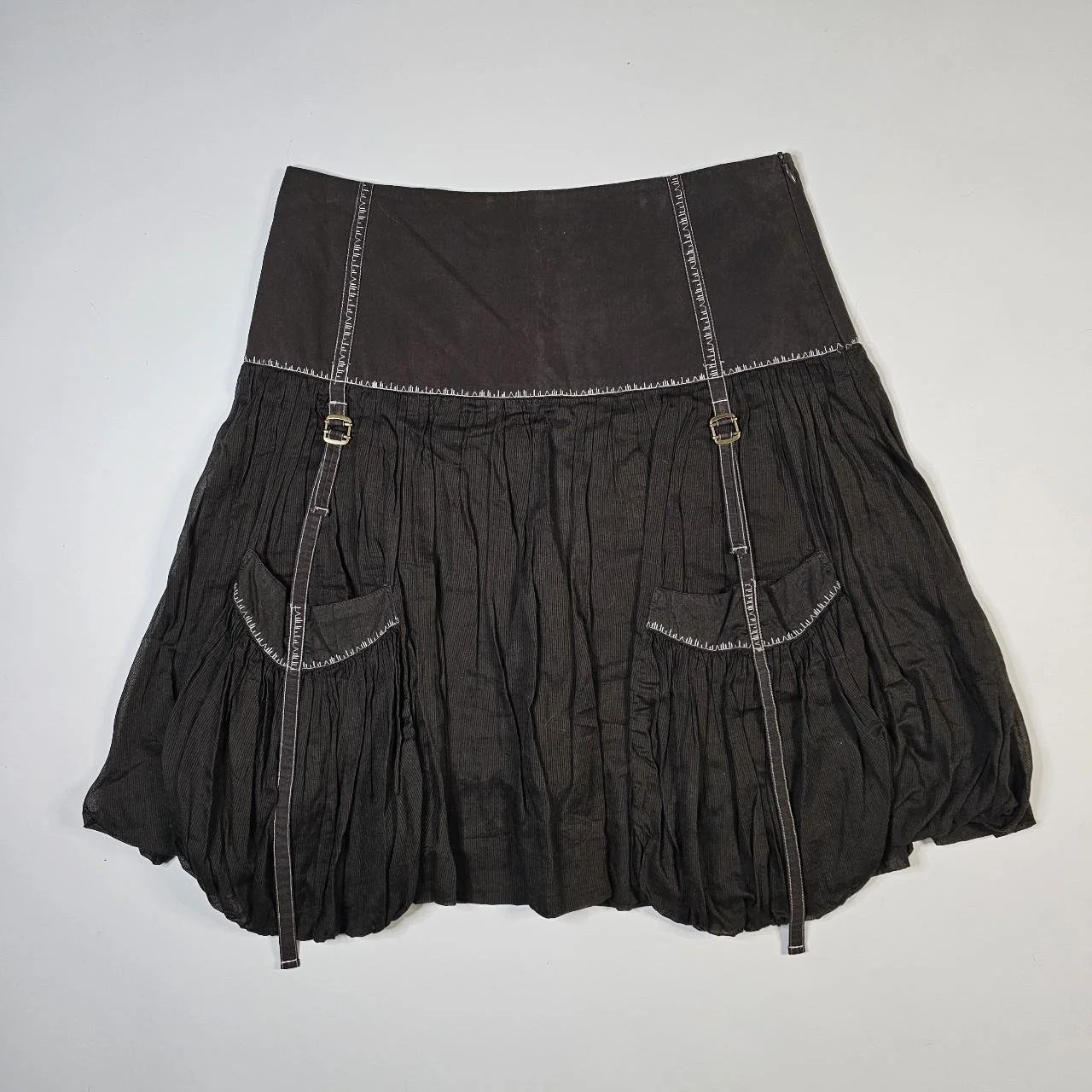 french vintage dark umber brown cargo 100% cotton midi bubble skirt