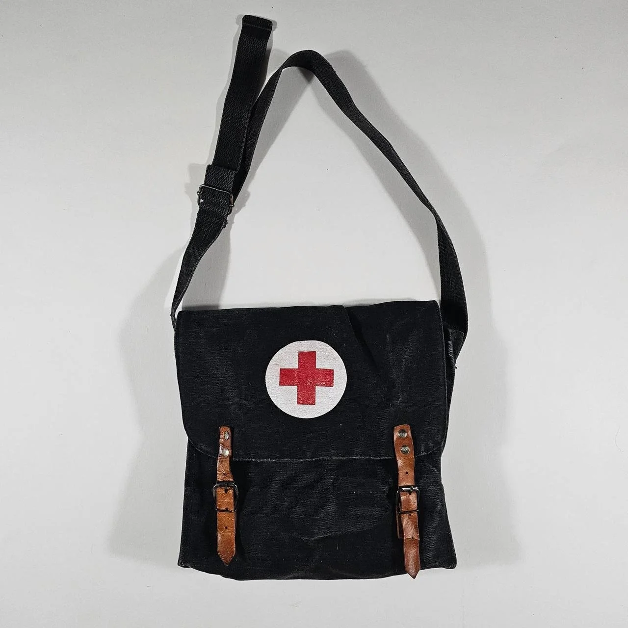 vintage military medic red cross messenger bag in charcoal black