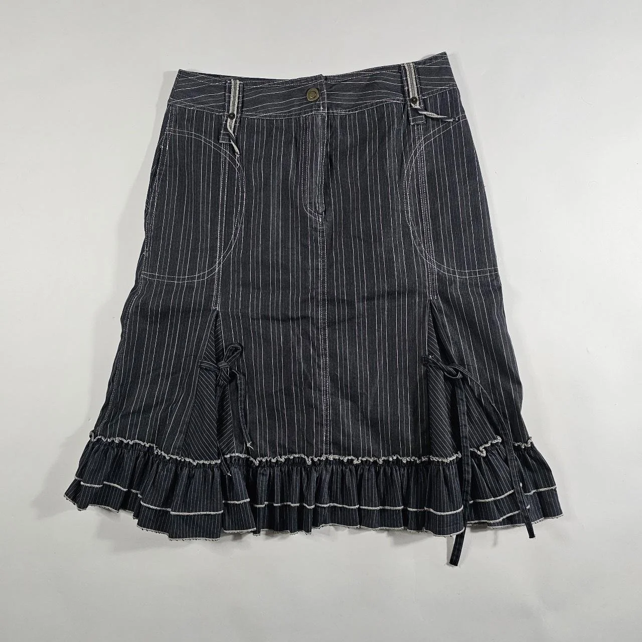 french vintage pinstripe ruffled midi skirt