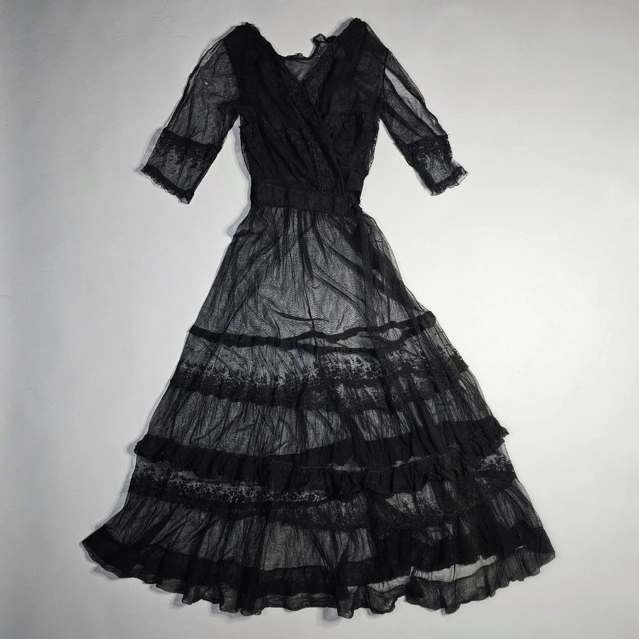 antique edwardian gothic black sheer tiered mourning dress