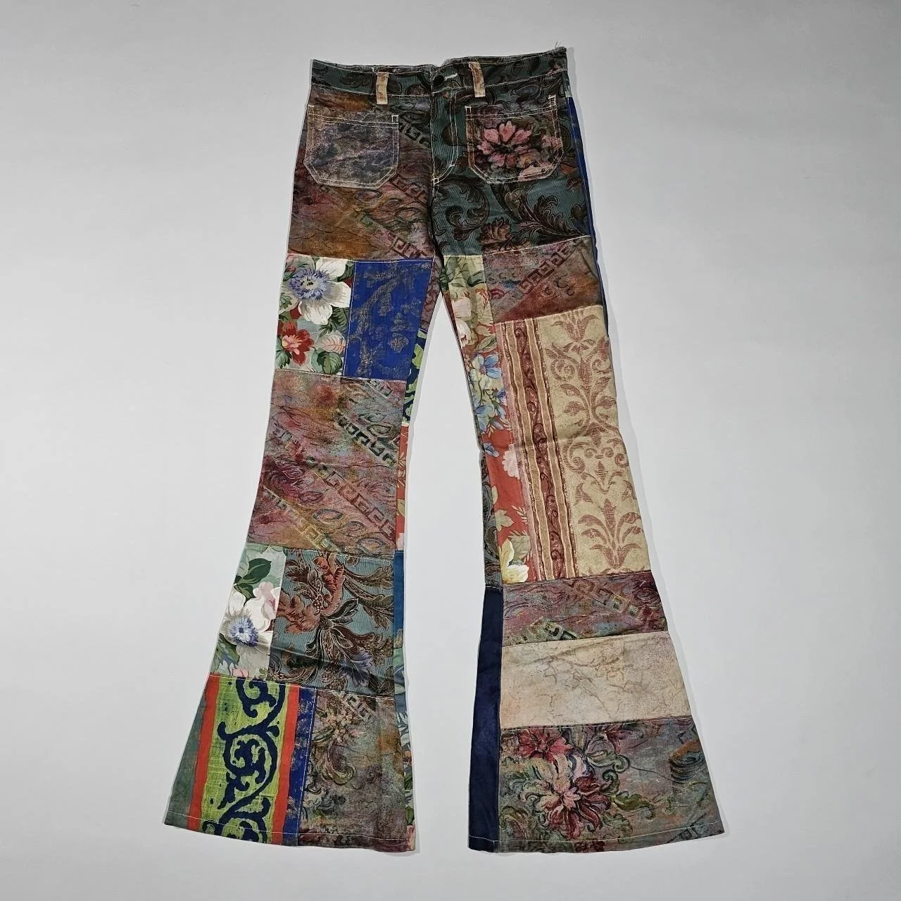 euro vintage late 90s patchwork flares with front hip pockets