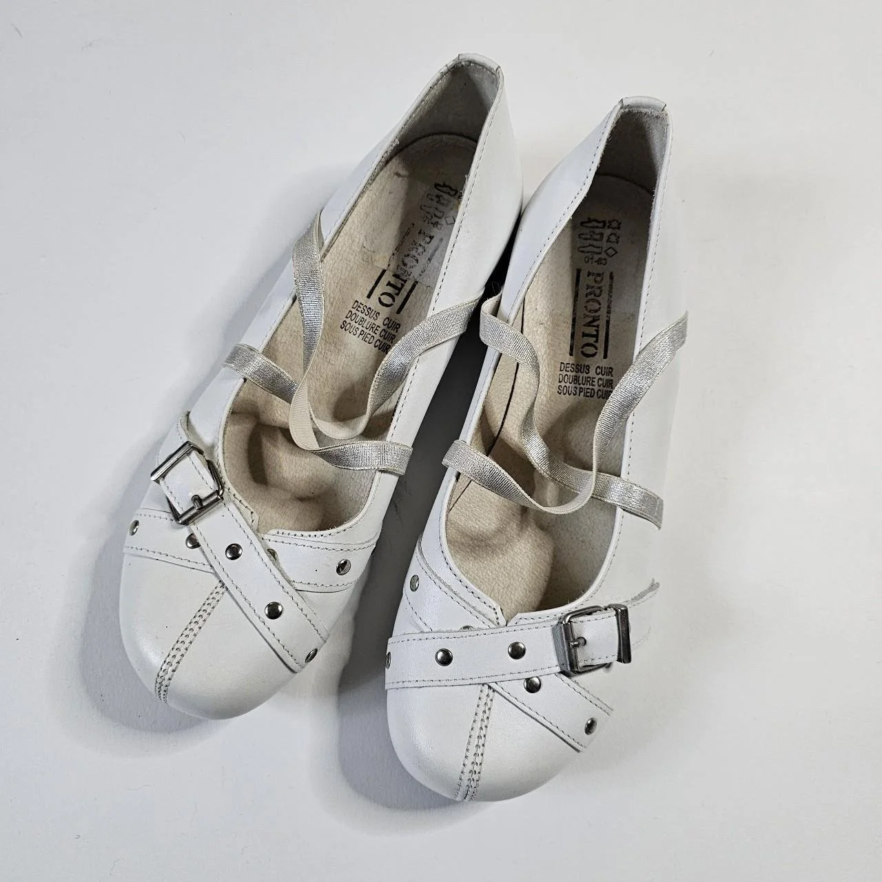 french vintage white leather strappy ballet flats