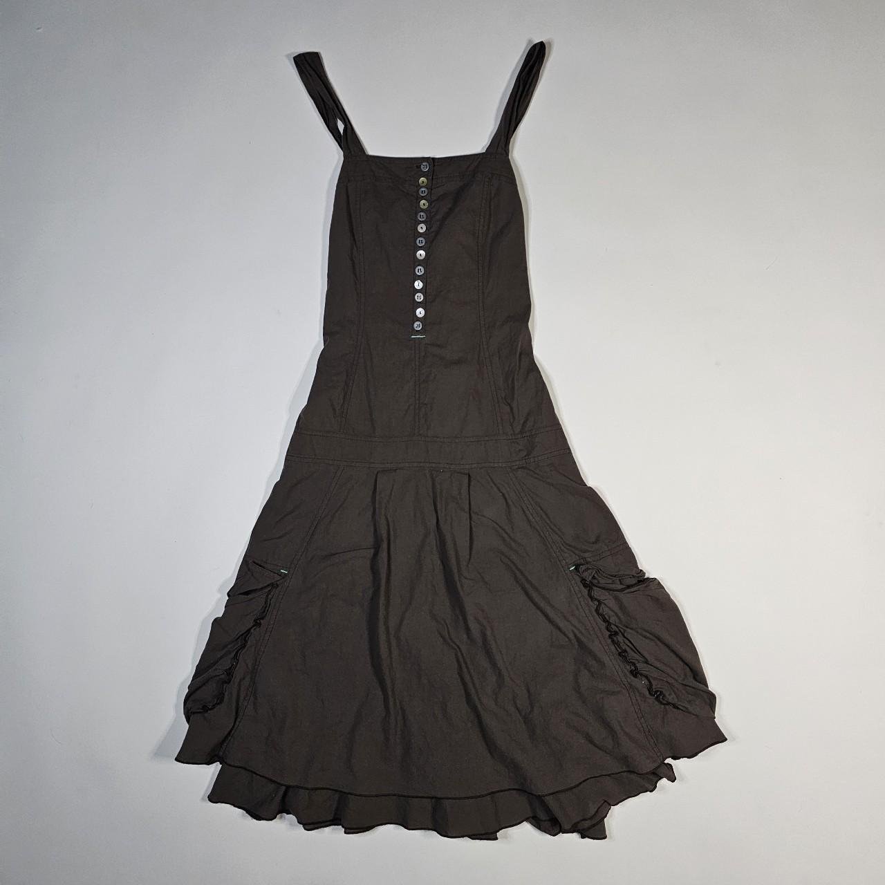 french designer vintage brown cotton cargo dollete midi dress with mismatched buttons