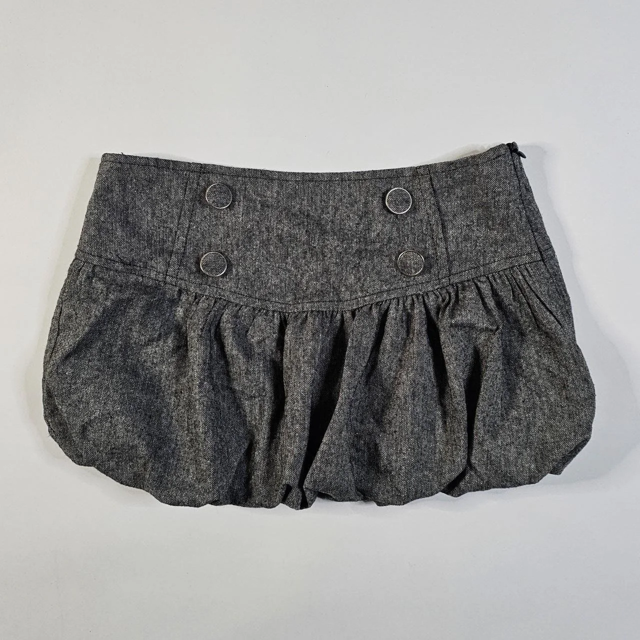 french vintage double button low rise mini bubble skirt in tweed