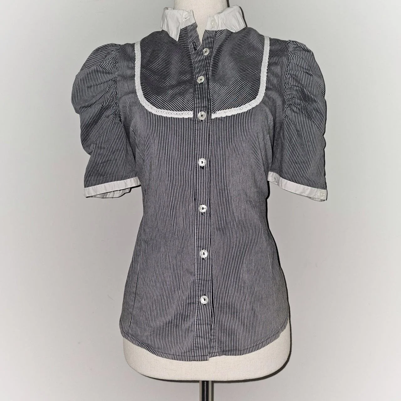 french vintage steampunk doll pinstripe gothic cottage style button up blouse