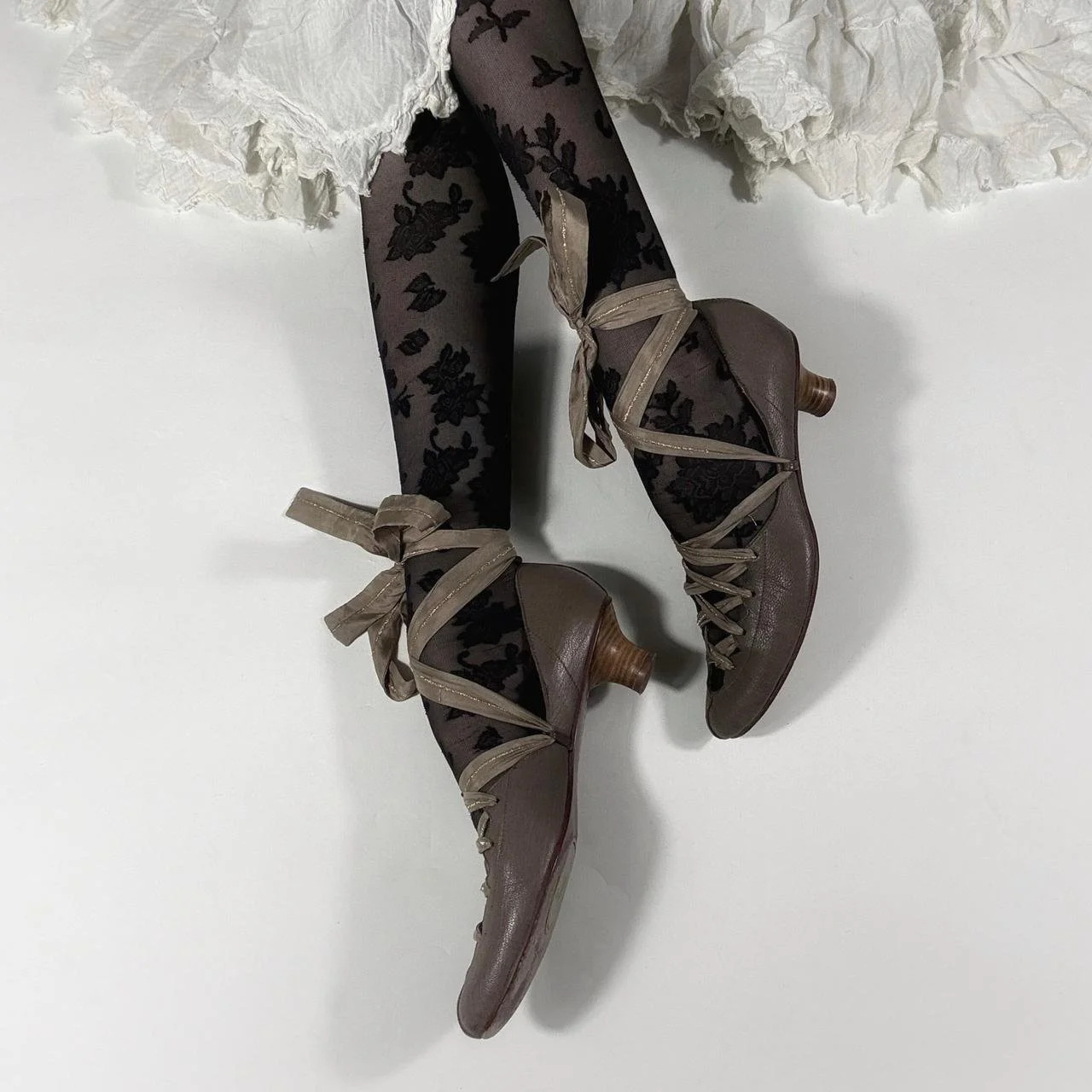 french vintage ballerina lace up taupe kitten heels