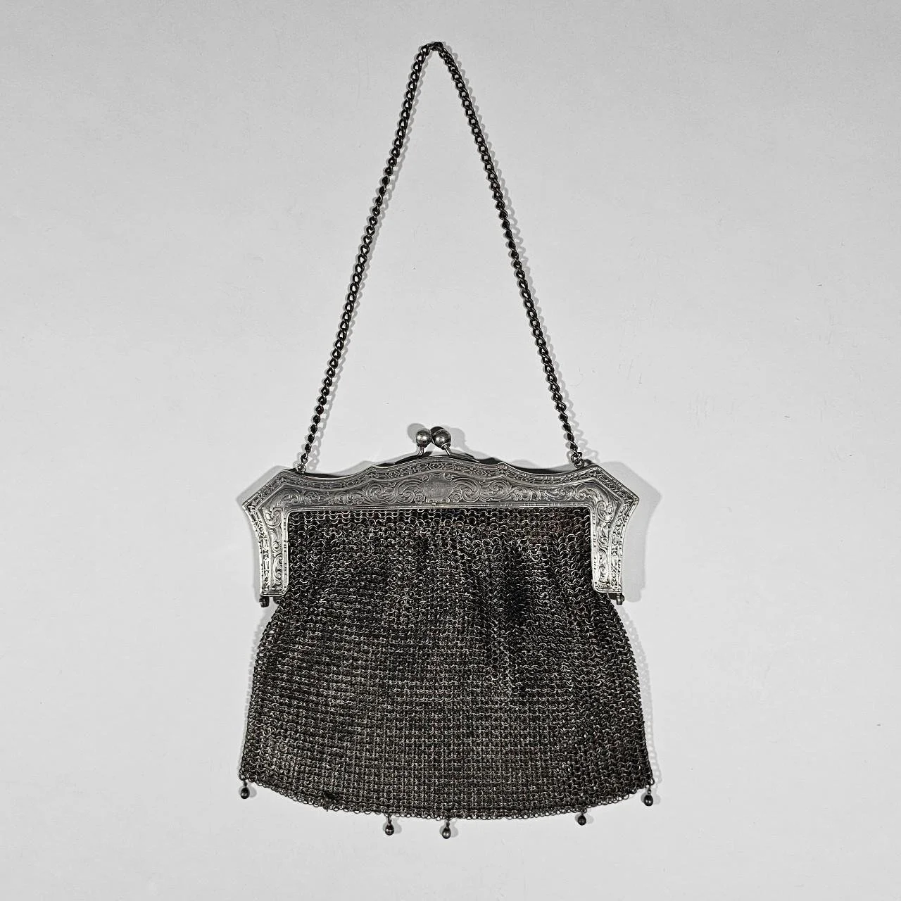 antique carved metal chainmail purse