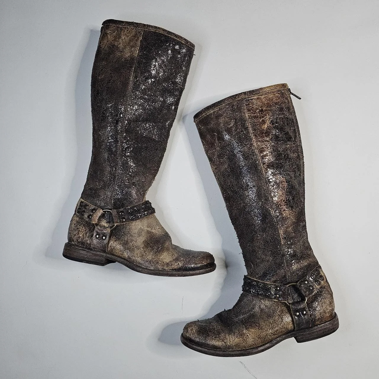 american vintage ultra distressed leather calf length boots