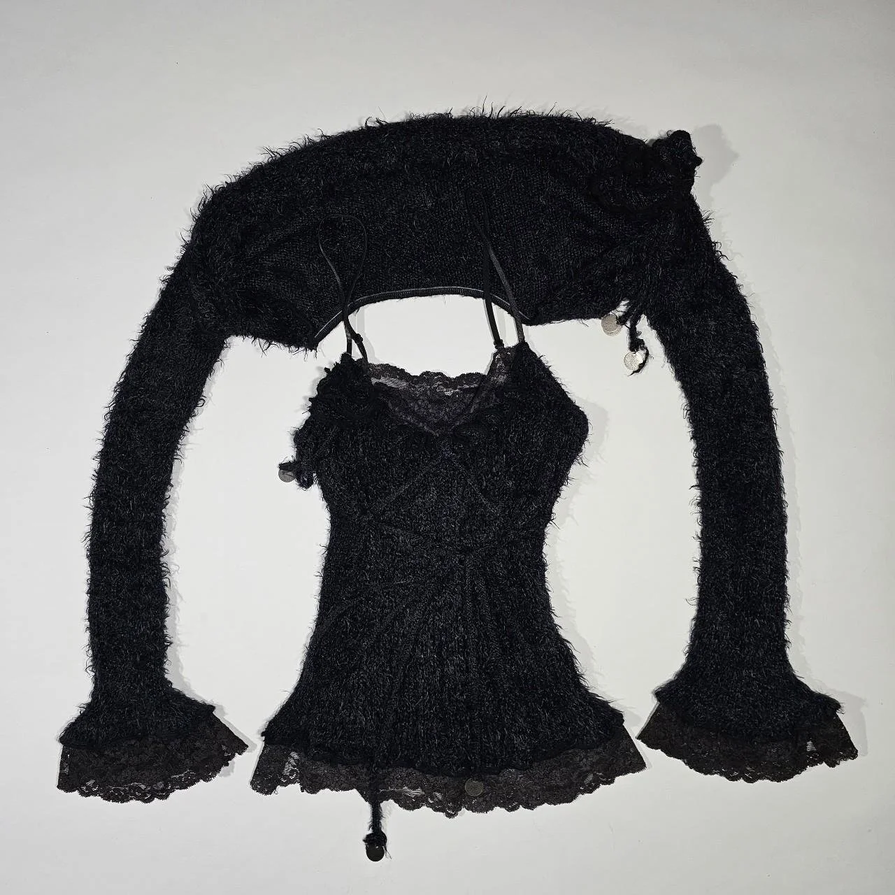 french vintage designer plush knit cami top + bolero cardigan set