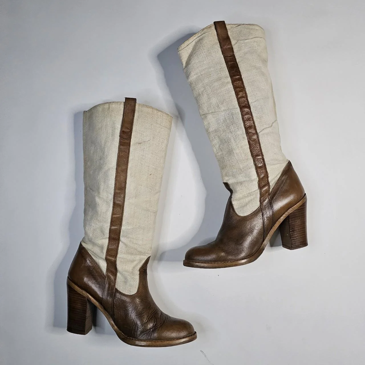 french vintage leather and linen heeled boots