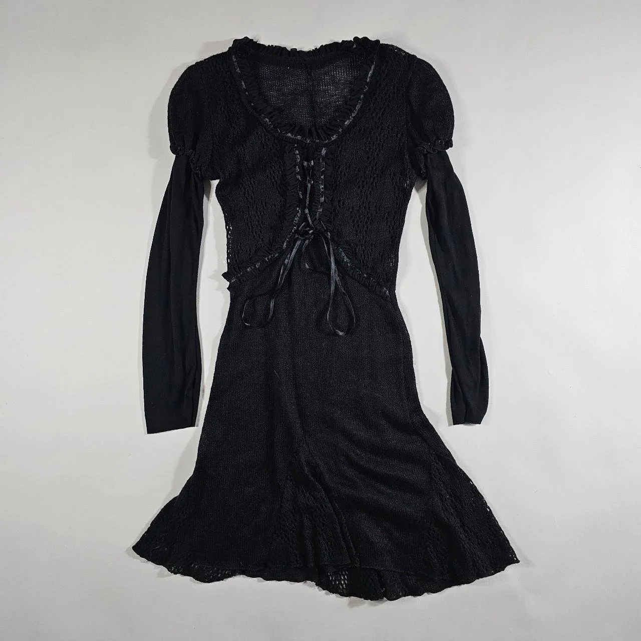 french vintage lace up black knit dress with victorian inspired sleeves
