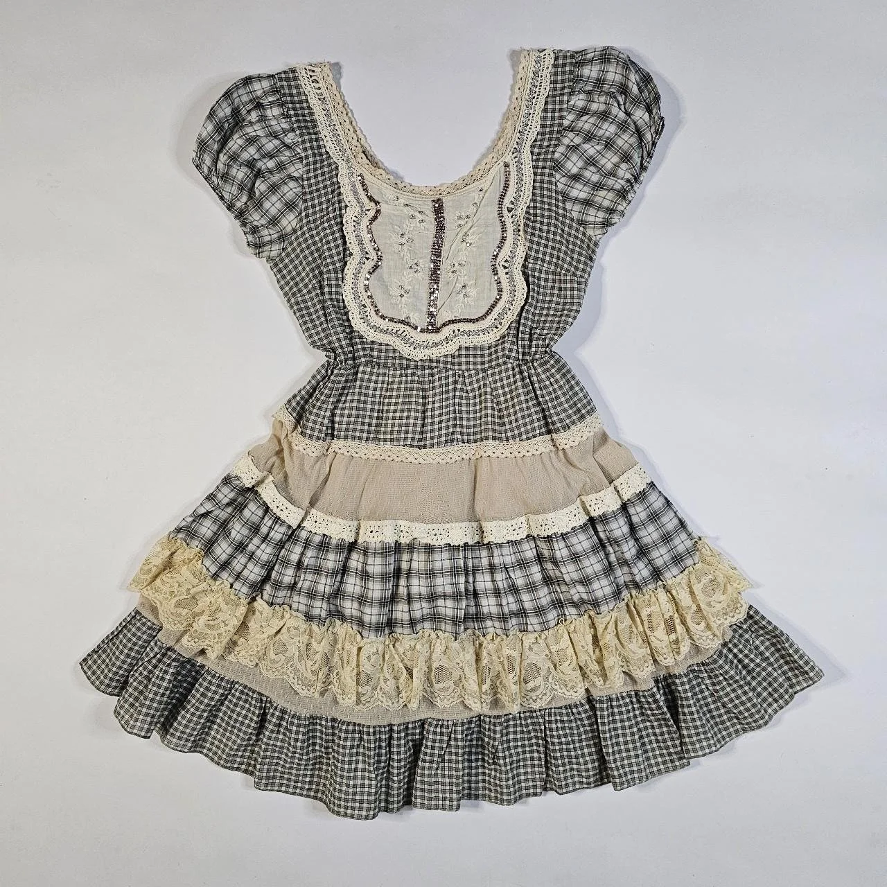 french vintage tiered dress with gingham and plaid lace