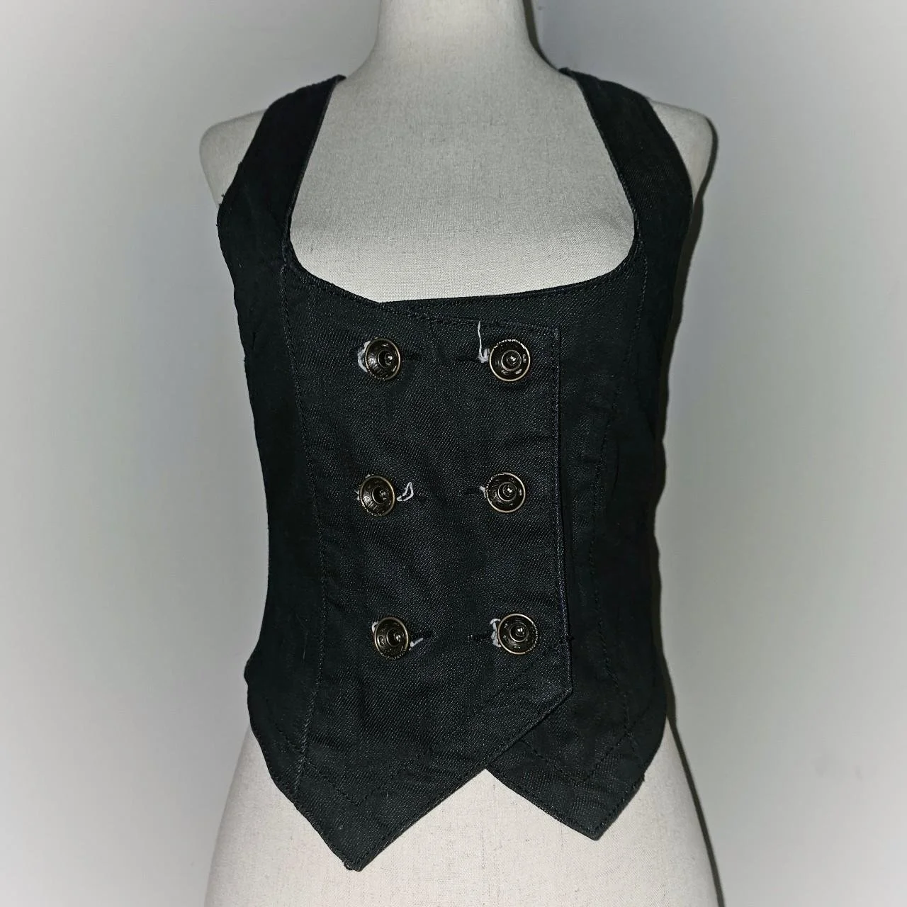 french vintage black denim double button underbust vest