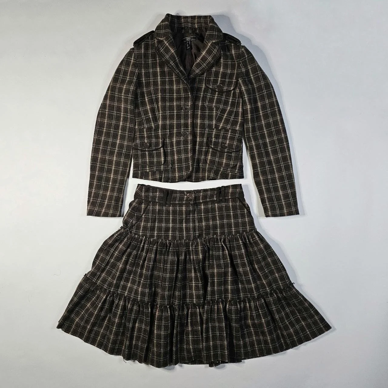 french vintage brown plaid set with tiered skirt