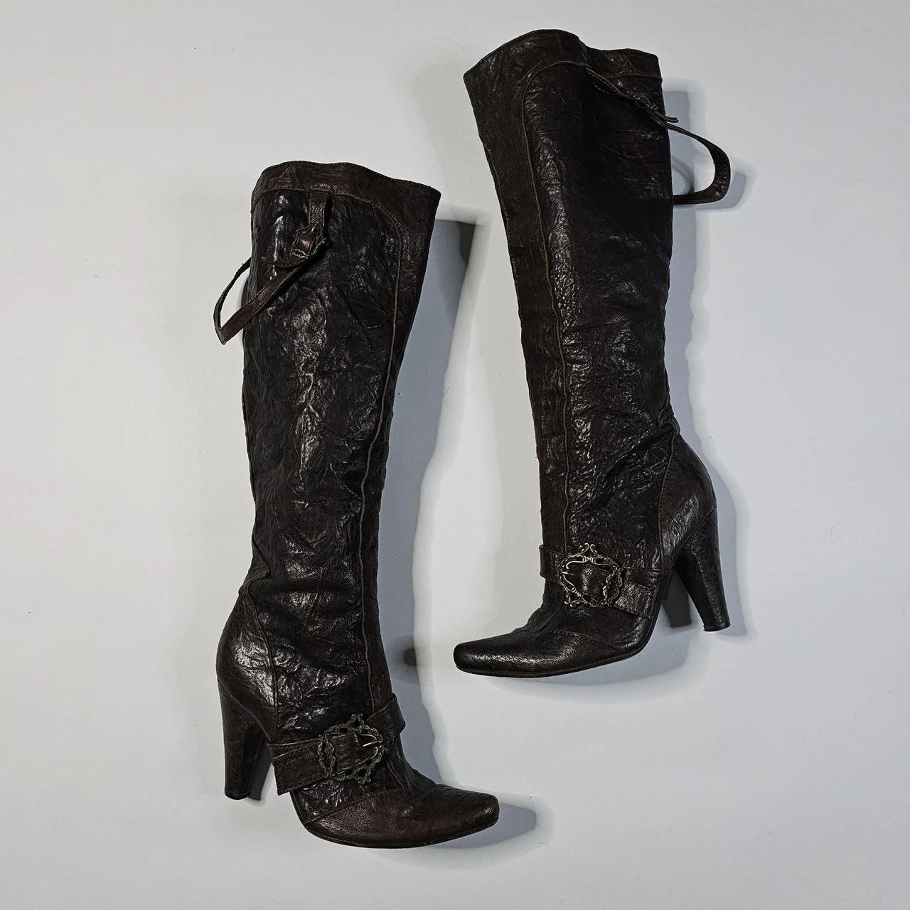 italian vintage brown victorian inspired leather knee high buckle boots