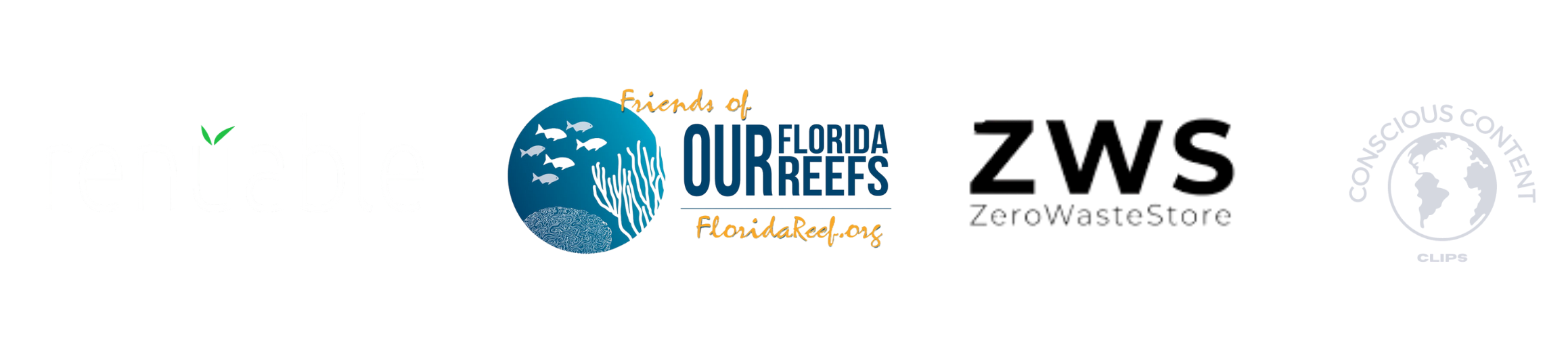 Logo for Renuable, FOFR, Zero Waste Store, and Conscious Content Clips.