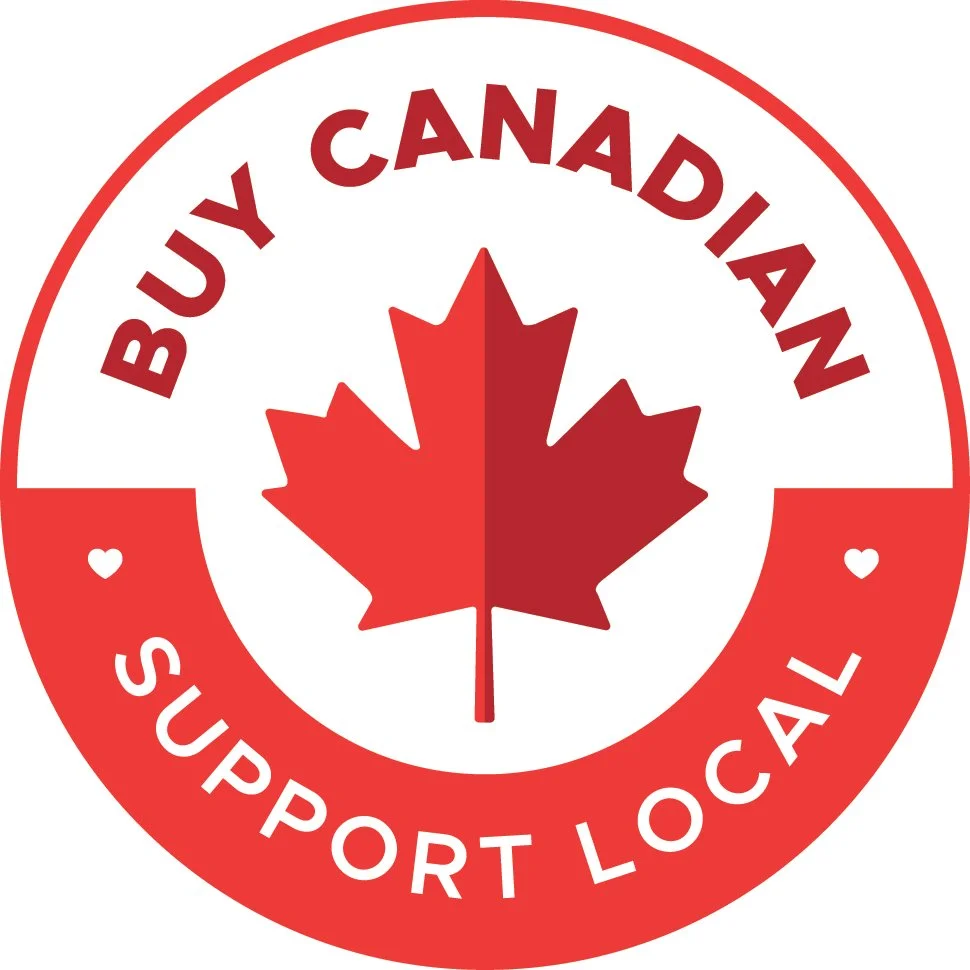 A red and white circular badge with a red maple leaf in the center, surrounded by the phrases "Buy Canadian" at the top and "Support Local" at the bottom.