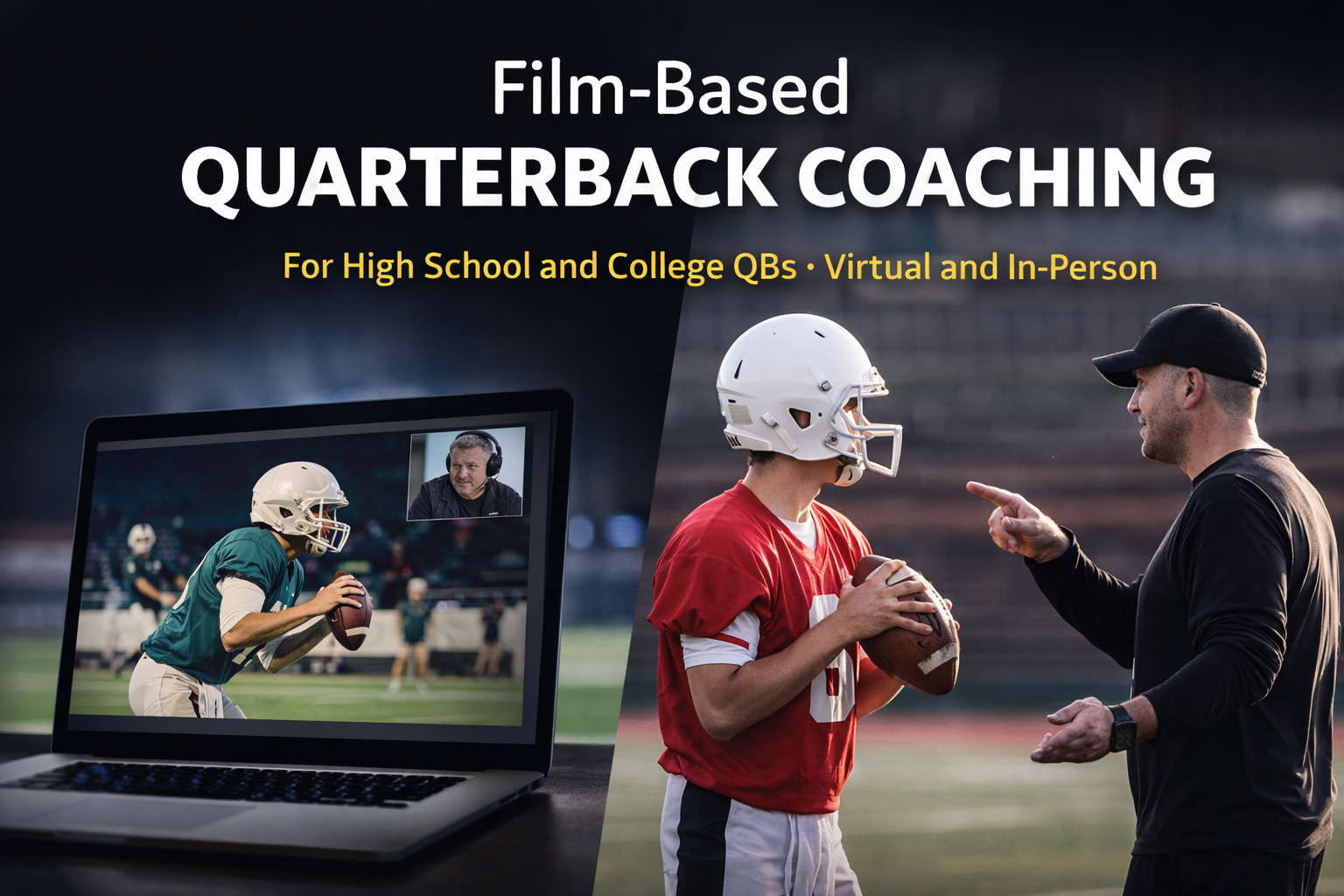 An advertisement for film-based quarterback coaching featuring football players practicing while communicating with a coach via video call on a laptop. One player is wearing a helmet and red jersey, holding a football, and listening to the coach who is pointing and giving instructions. The background is a football field.