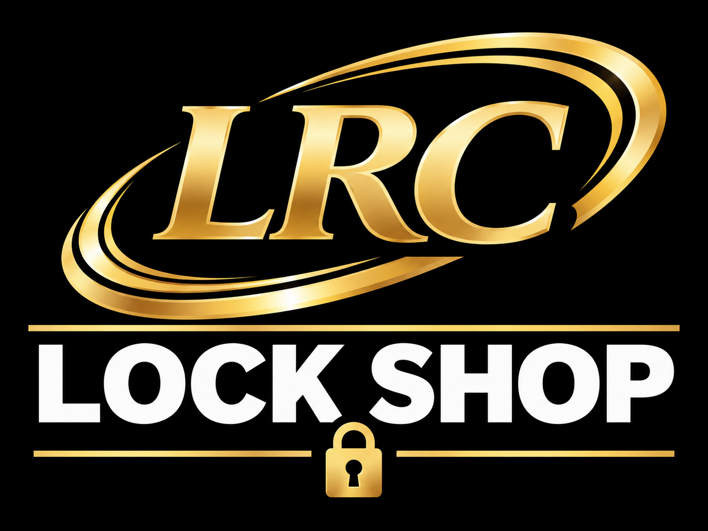 Logo for LRC Lock Shop featuring gold and white text, a gold lock icon, and a black background.