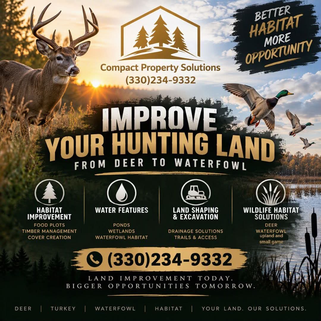 Hunting Land & Wildlife Habitat Improvement

Compact Property Solutions helps landowners improve hunting properties through habitat management, food plot development, pond and wetland improvements, land clearing, and excavation. Their services create