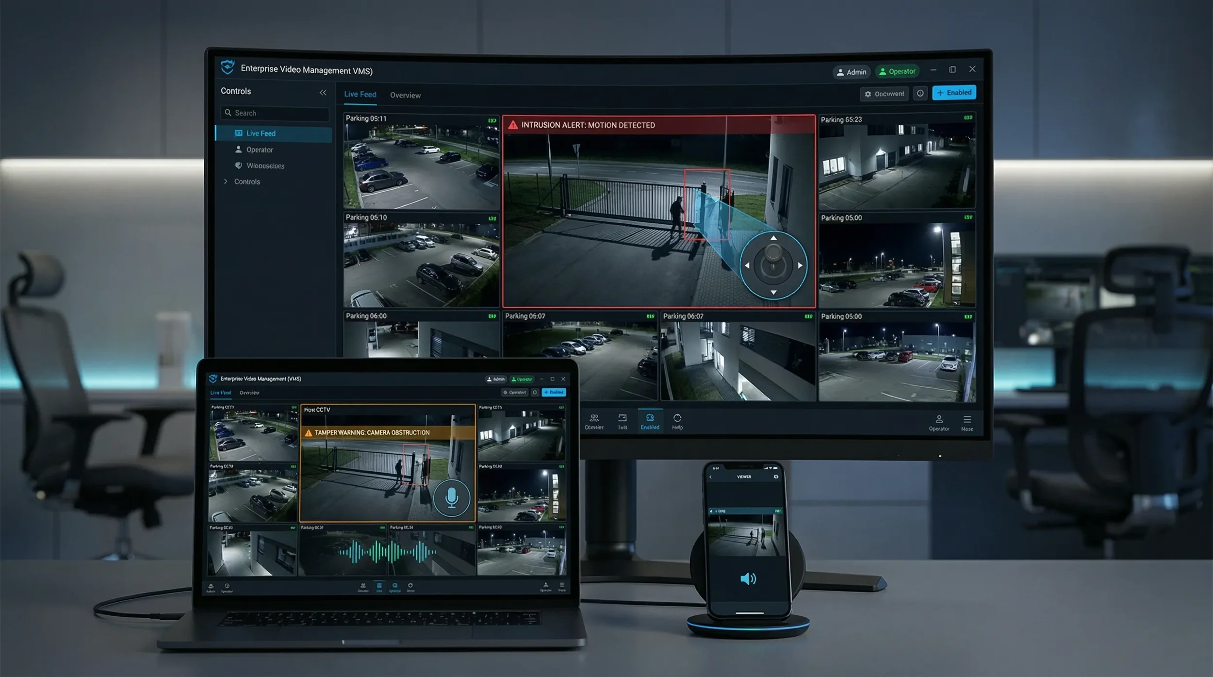 Integrated video surveillance system with real-time monitoring, analytics alerts, and mobile management