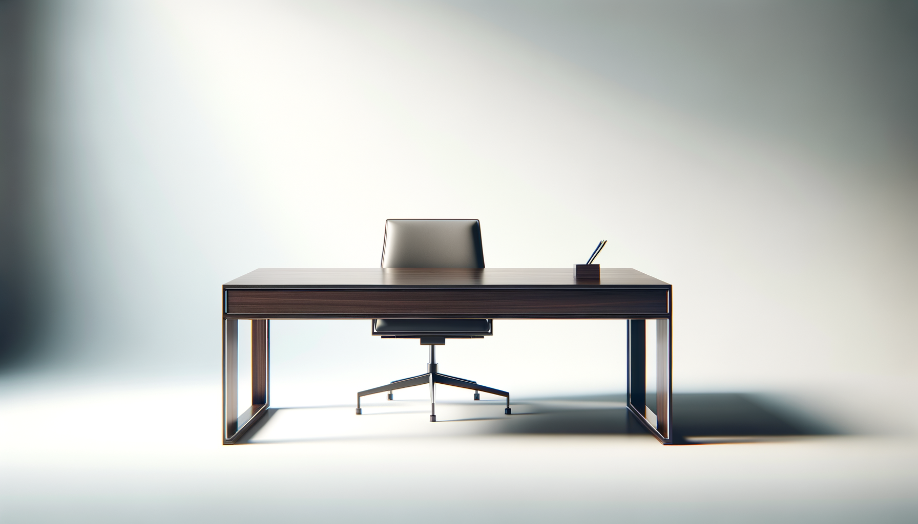 Empty modern office desk with a black leather chair and a pen holder on a plain white background.