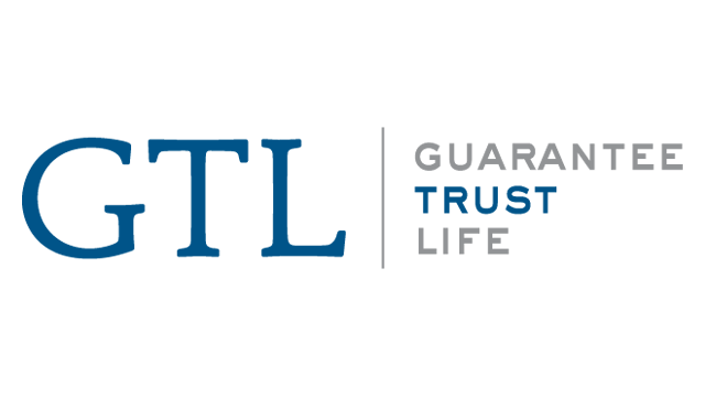 GTL Guarantee Trust Life logo with blue and gray text on a black background.