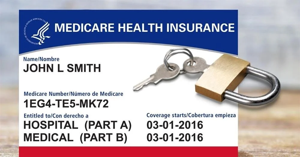 Medicare health insurance card for John L. Smith with a padlock and keys symbolizing security, showing coverage start date of March 1, 2016.