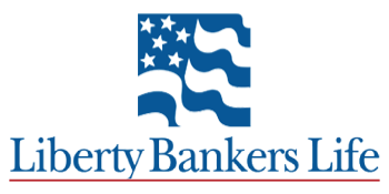 Liberty Bankers Life logo with an American flag design and company name in blue text.