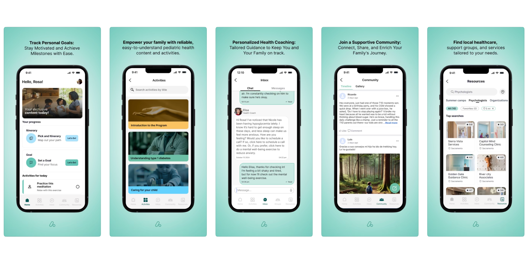 Screenshots of a mobile health and wellness app showing various features: personal goals tracking, family health content, messaging interface, community sharing, and resource directory.