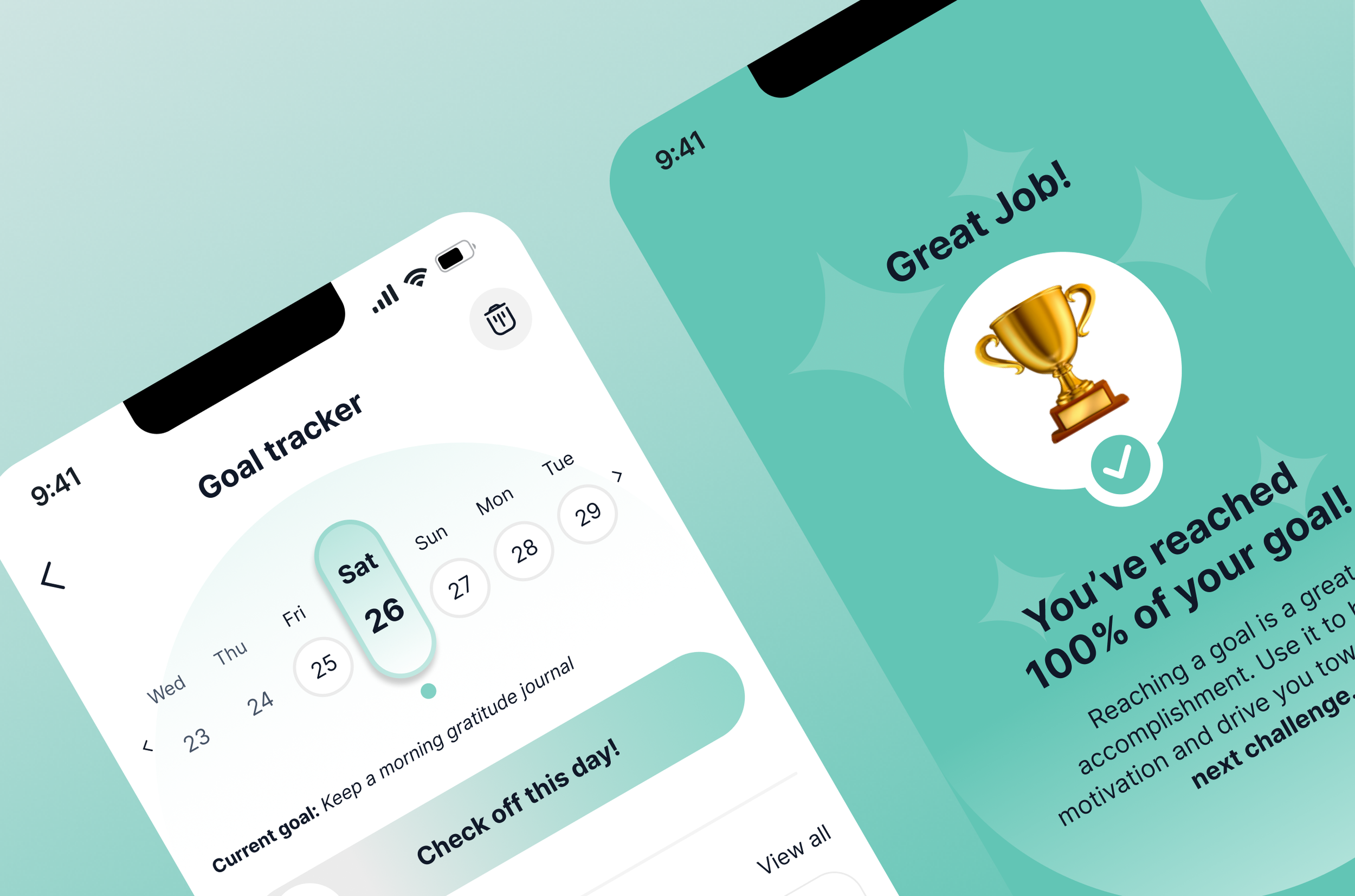 Screenshots of a goal tracking app showing a goal to keep a morning gratitude journal. The app indicates the goal was achieved with a message saying, 'Great job! You've reached 100% of your goal!' with a trophy emoji and encouraging text.