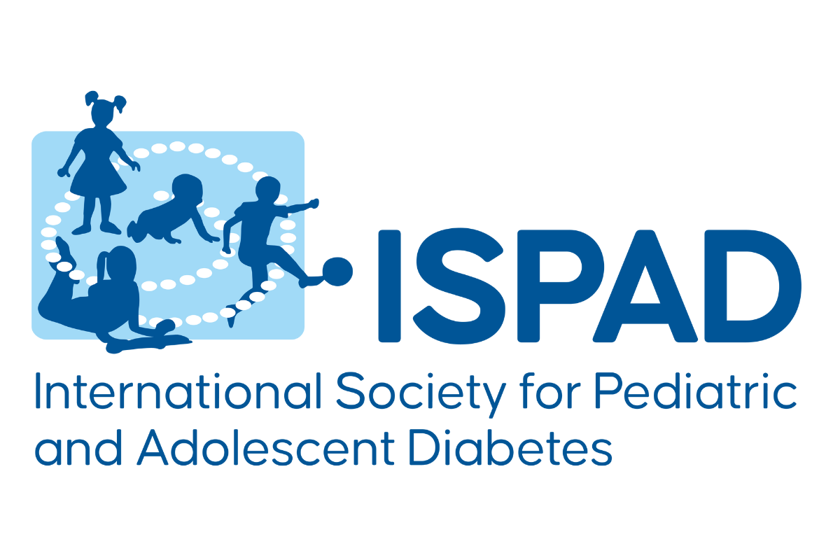 Logo of the International Society for Pediatric and Adolescent Diabetes (ISPAD) featuring silhouettes of children and a dog on a blue background.