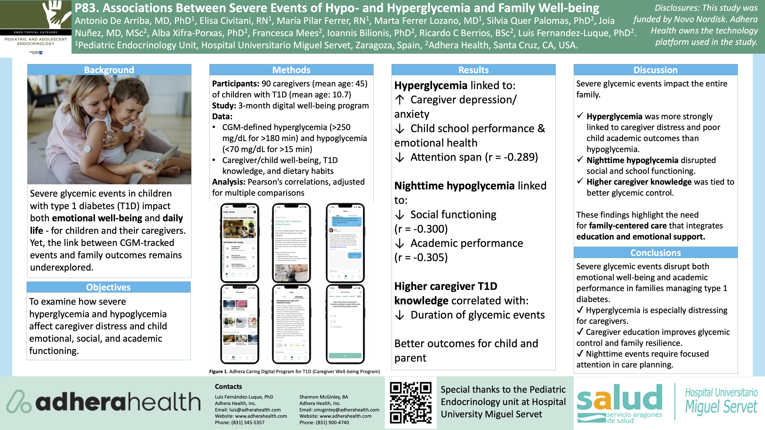 A scientific poster titled 'Associations Between Severe Events of Hypo- and Hyperglycemia and Family Well-being' with sections on background, methods, results, discussion, and conclusions. The background shows a mother and child using a device, and the poster includes various charts and screens of a digital program designed for children with Type 1 Diabetes. It highlights the impact of glycemic events on emotional well-being, academic performance, and family health.