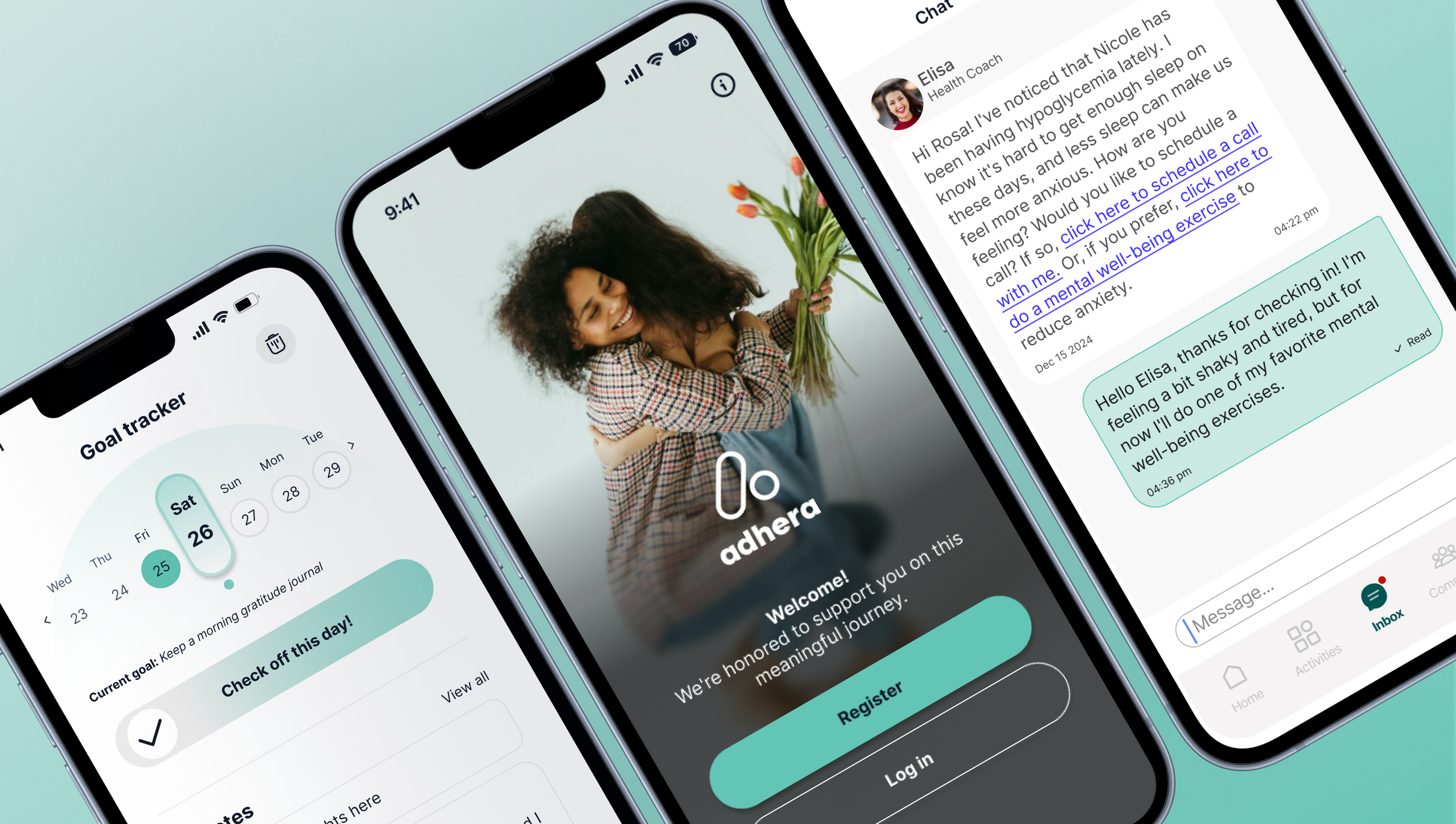 Three smartphones displaying different app screens. The left screen shows a goal tracker with a calendar and a goal to keep a morning gratitude journal. The middle screen shows a welcome page for the Adhera app with a smiling woman holding tulips, and options to register or log in. The right screen shows a chat conversation with a health coach named Elisa, discussing mental health exercises.