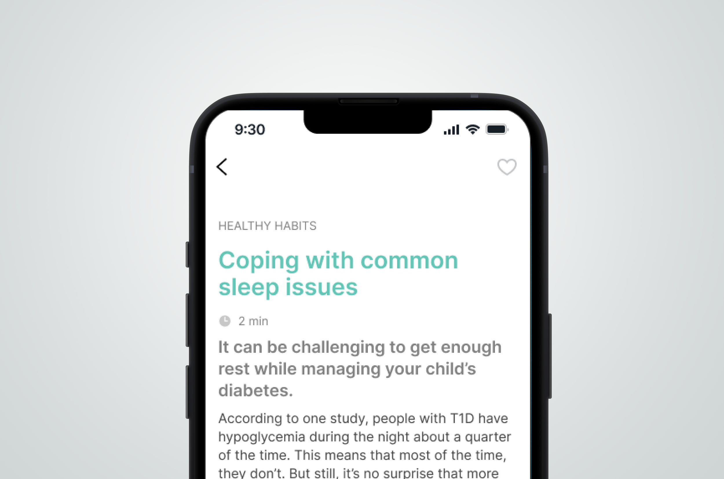 Smartphone screen displaying a health article titled 'Coping with common sleep issues' under a 'Healthy Habits' section, with a light gray background.