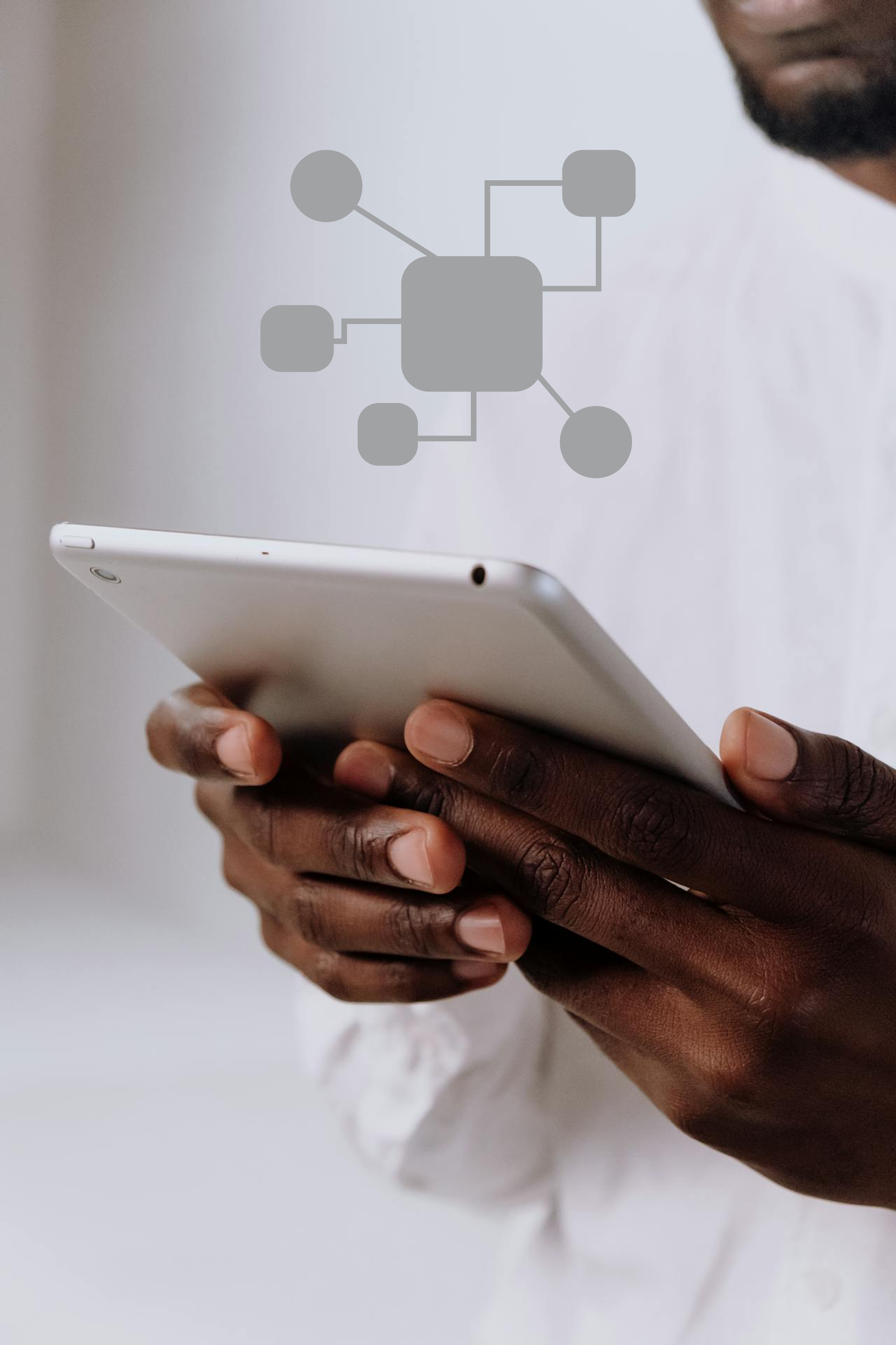 Person holding a white tablet with an overlay of a network diagram representing Adhera Health’s AI Agents.