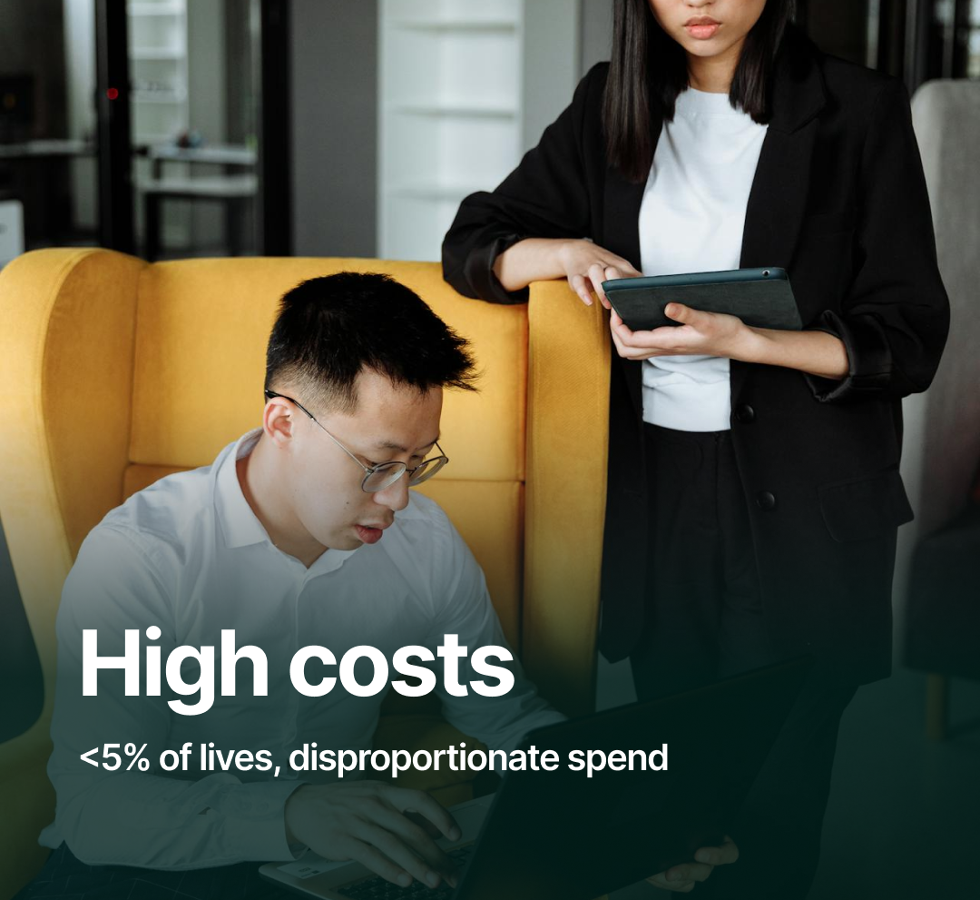 A man wearing glasses and a white shirt working on a laptop, sitting on a yellow chair, while a woman standing next to him holds a tablet and looks down, in an office setting. Text overlay reads 'High costs, less than 5% of lives, disproportionate spend.'
