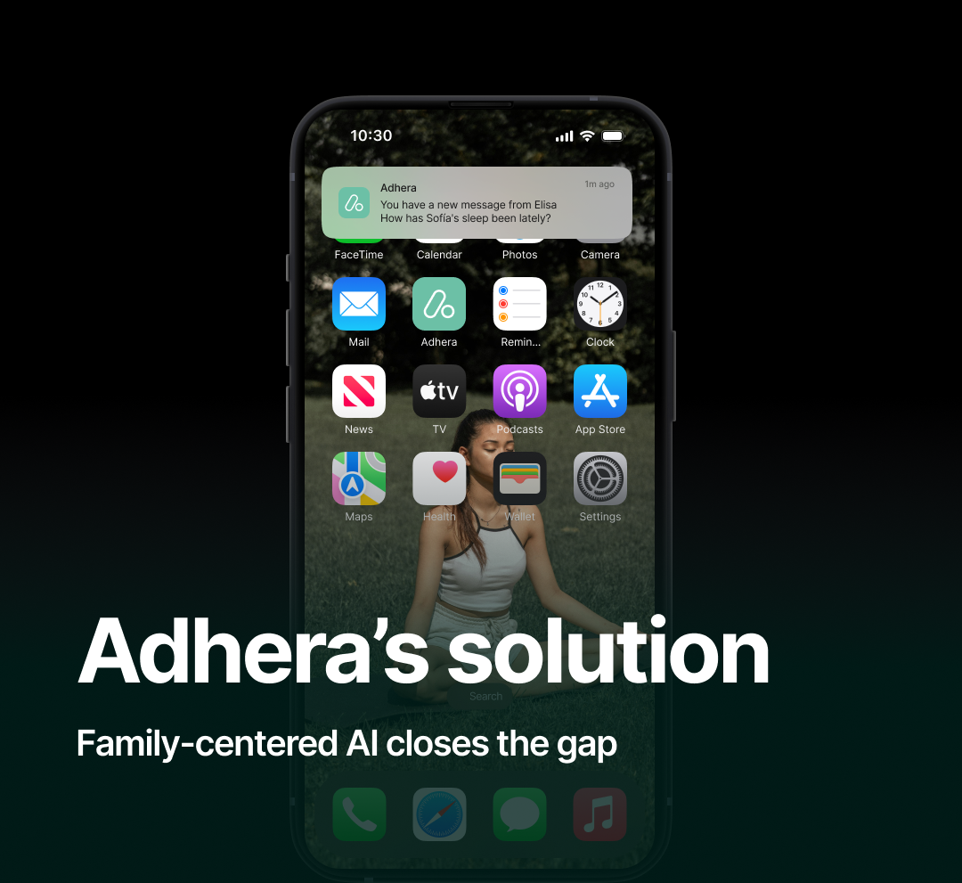 A smartphone screen displaying app icons and a notification about a new message from Elisa on Adhera, with a background photo of a woman sitting on grass in a park. The overlay text reads, 'Adhera's solution, Family-centered AI closes the gap.'