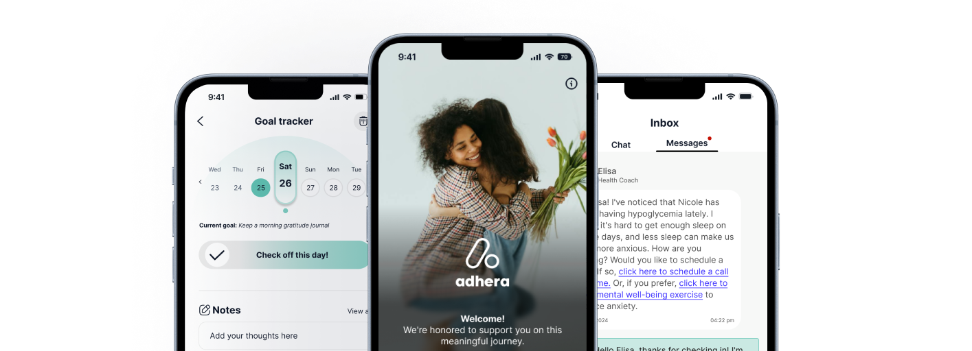 Three smartphone screens displaying different health and wellness app interfaces, including goal tracker, chat inbox, and a welcome screen with a woman holding flowers.