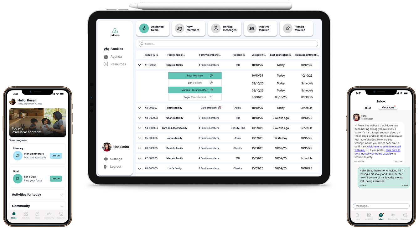 A tablet displaying a family management app with information on family members, appointments, and program details, alongside two smartphones showing a messaging app and a family activity app.
