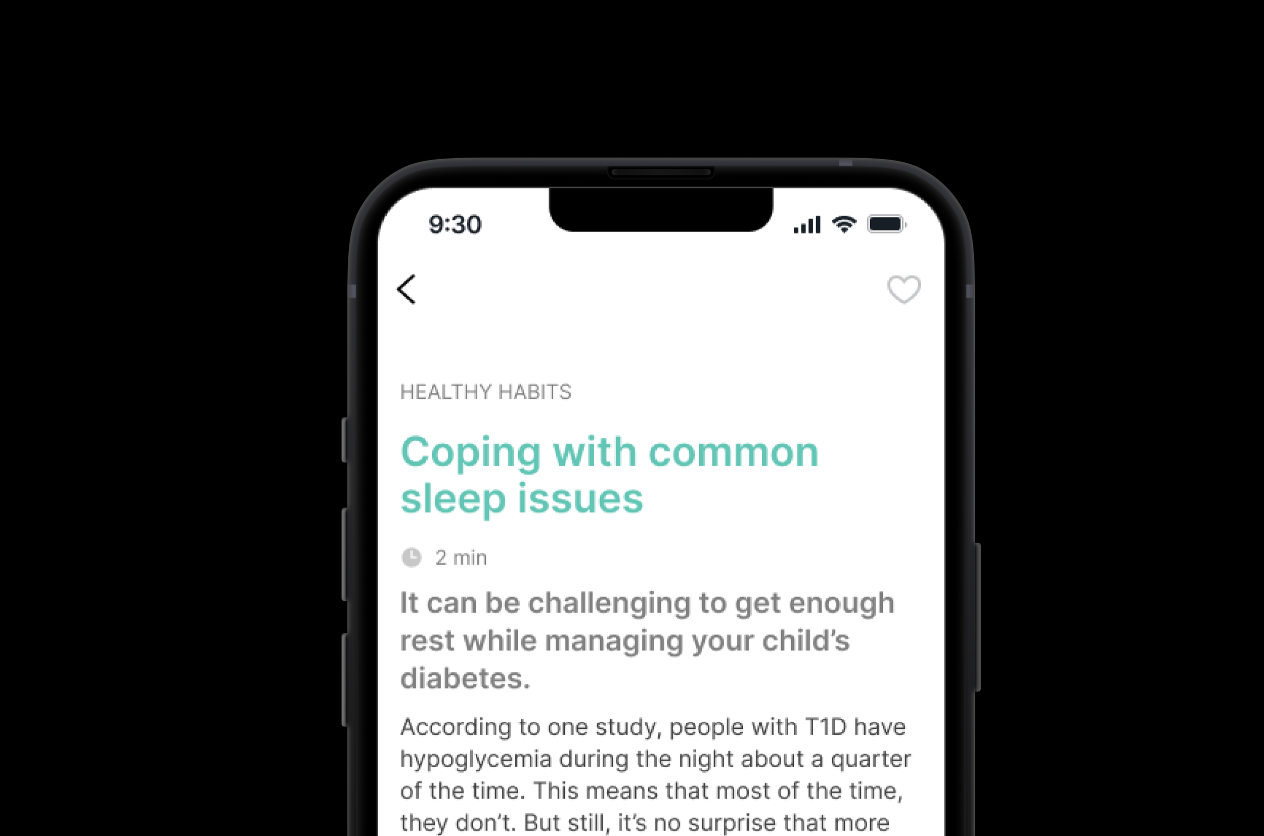Mobile phone screen displaying an article titled "Coping with common sleep issues" under 'Healthy Habits', with a brief description about the challenges of getting enough sleep and managing a child's diabetes.