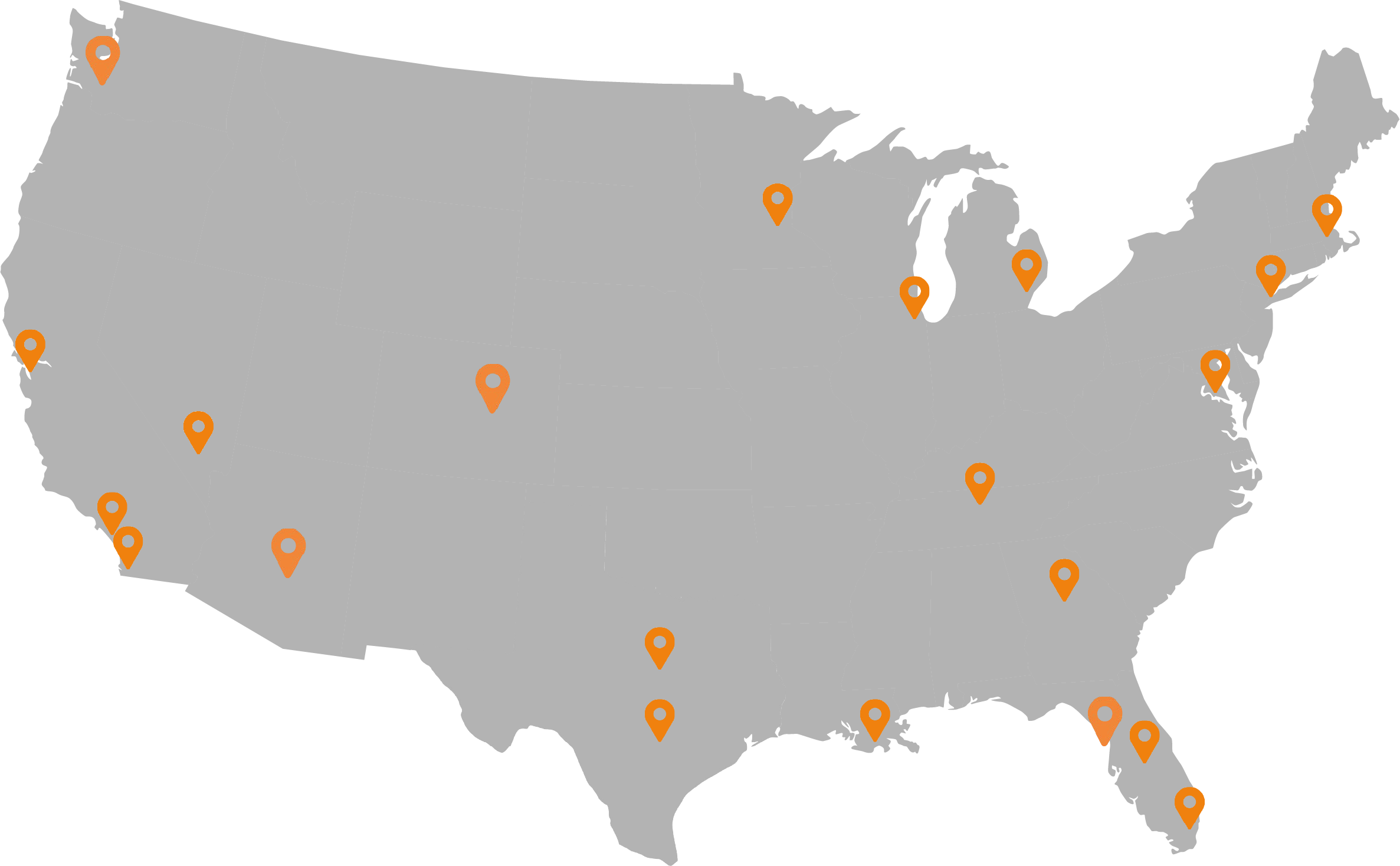 Map of the United States with multiple orange location markers indicating various cities across the country.