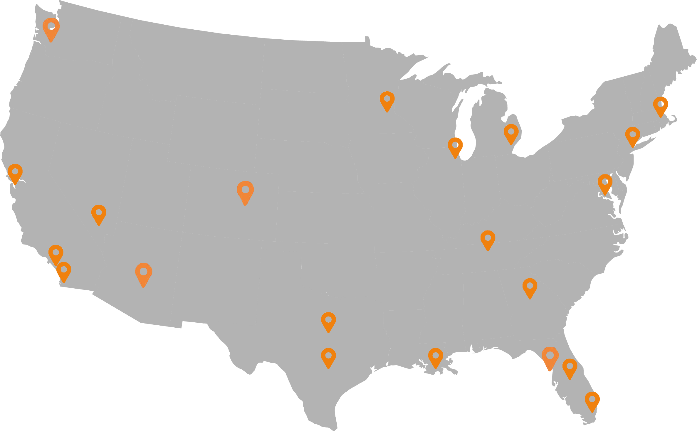 A map of the United States with markers showing our in-vehicle and vehicle wrap locations