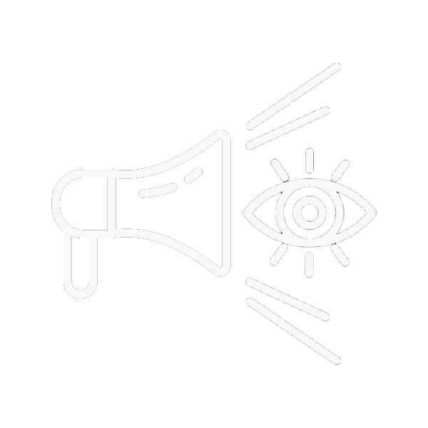 Icon of a megaphone broadcasting sound waves and an eye, representing loud announcement or alert to visual attention.