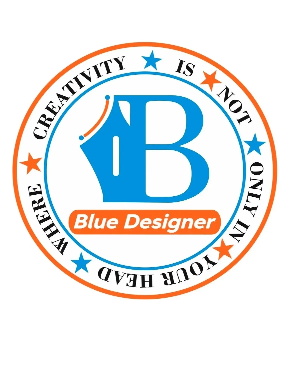 A circular logo with a blue and orange color scheme. In the center, there's a large blue letter 'B' with a stylized design. Below the letter, it says 'Blue Designer' in white text on an orange background. The outer circle contains the phrase 'CREATIVITY IS NOT JUST YOUR HEAD, WEARE' in black text, separated by orange and blue stars.