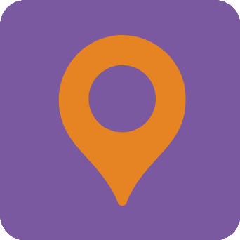 Convenience icon: an orange map pin icon in purple square.