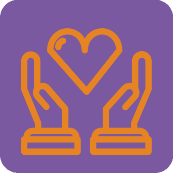 Comfort icon: two orange hands surrounding a heart shape in purple square.