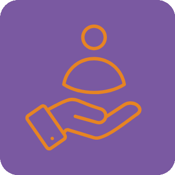 Client centered icon: the bust of an orange figure under an open hand in a purple square.
