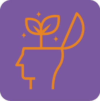 Growth icon: an orange head with a sprout on top of it inside a purple square.
