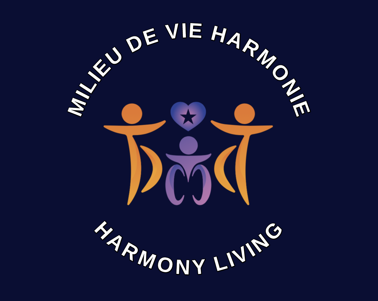 a navy blue disk, with two orange figues surrounding a purple figure in a wheelchair on top of which is a purple heart with a star in the middle.